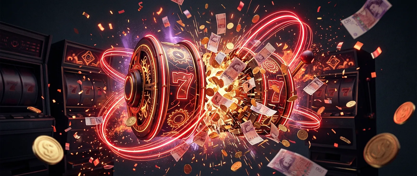 Exploding crimson slot reel with banknotes and gold coins
